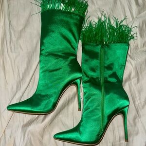 Feathered Green Satin Stiletto Boots - Women’s Size 8